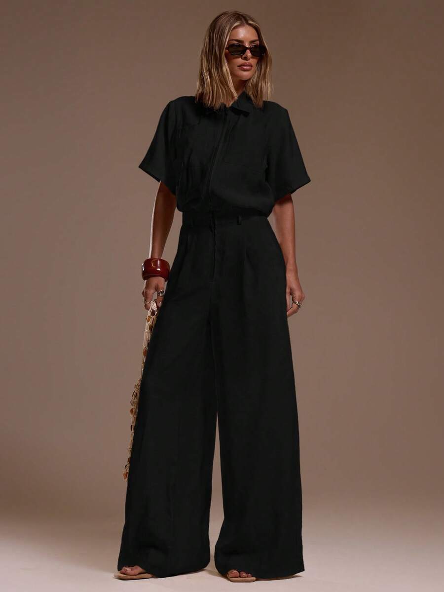 MUSERA Linen Zip Up Relaxed Jumpsuit Summer Ibiza Fits Holiday Vacation Beach Elegant - Black - View 1