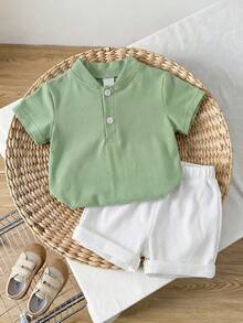 SHEIN Playful Pals 2pcs Setelan Bayi Laki-laki Elegan Minimalis Kerah Mandarin Lengan Pendek dan Celana Warna Kontras, Cocok untuk Musim Panas - MultiWarna - View 2