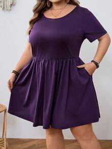 SHEIN CURVE+ Đầm ngắn tay màu trơn dành cho nữ cỡ lớn - Màu tím - Xem 5