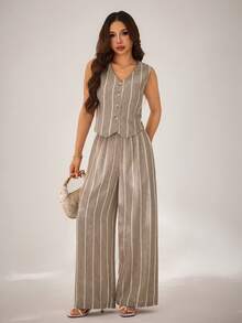 SHEIN PETITE Women's Beige Summer Casual Striped 2 Pieces Set,French Retro Sleeveless Button Front Tank Top And Wide-Leg Pants,Vacation Holiday Beach Party Outfit - Khaki - View 6