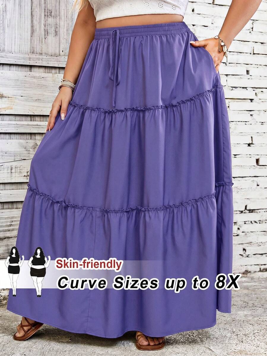 SHEIN CURVE+ 大码休闲纯色半身裙，波西米亚度假风