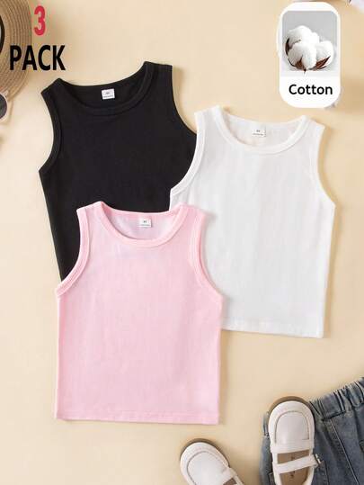 SHEIN Playful Pals 3pcs Young Girl Minimalist Solid Color Camisole, Versatile For Summer