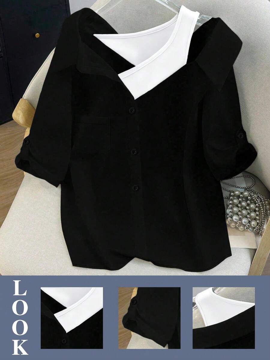 GlowEve CURVE Plus Size Women Casual Patchwork Shirt, Versatile For Daily Wear - Black - View 1
