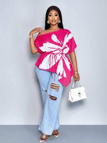 SOLERSUN Women's Plus Size Elegant Pink Floral Summer Blouse, Loose One-Shoulder Asymmetrical Hem Slanted Collar Drawstring Tie-Waist Casual Fashion Top - Hot Pink - View 3