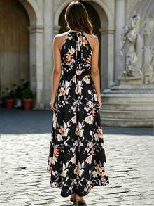 SHEIN Clasi White Floral Print Asymmetrical Ruffle Hem Dress For Vacation - Black - View 2