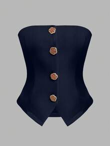 Franclia Women's Floral Button Decor Camisole Top, Suitable For Daily Commute In Summer - Navy Blue - View 4