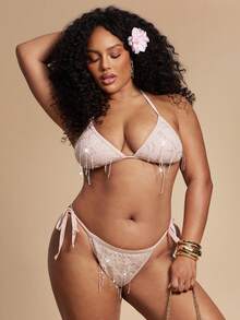 SHEIN BAE Áo bikini lưới đính sequin kiểu dáng nghỉ mát mùa hè với cúp ngực tam giác - Hồng - Xem 3