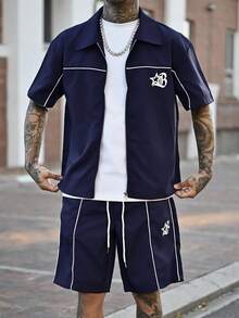 Devon Thys Set bărbătesc cu cămașă și pantaloni scurți, cu mânecă scurtă și imprimeu cu dungi laterale și stele - Albastru marin - Vizualizare 3