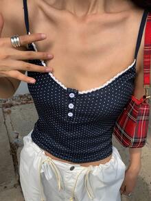 DAZY Lace Patchwork Polka Dot Full Print V-Neck Ladies Camisole Going Out Tops Y2k - Navy Blue - View 5