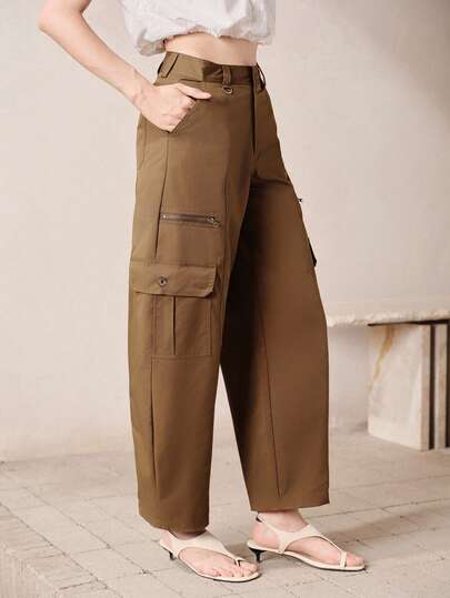 Aveloria Modichic Summer Cargo Style Loose Straight Leg Pants For Women, Khaki Color, High Waist Multi-Pocket Design, Practical Zipper Decor, Carrot Pants, Balloon Pants, Tapered Hem, Casual Fabric, Chic And Stylish, Suitable For Commuting, Casual, Vacation, Beach, Party And Other Occasions, Y2K Minimalist Modern