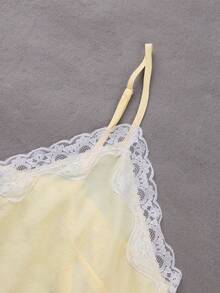Franclia Plus Size Women's Elegant Yellow Summer Everyday Camisole Top,V-Neck Contrast Lace Trim Hem & Side Slit,Adjustable Strap Loose Crinkle Fabric Vintage - Pale Yellow - View 4