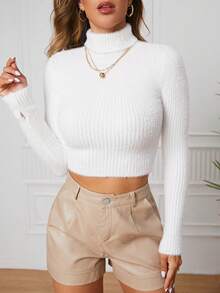 SHEIN LUNE Women's Turtleneck Cropped Sweater,Long Sleeve Tops Knit Pullover Fall Winter Sweater - White - View 3