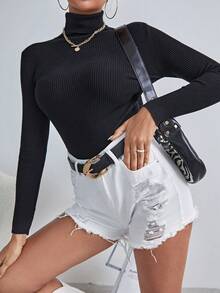 Selamara Solid High Neck Rib Knit Sweater,Long Sleeve Tops Knit Pullover Fall Winter - Black - View 6