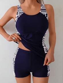 Swim Lushoire Bộ 2 món đồ bơi tankini mùa hè mới, màu kaki, họa tiết hình học ngẫu nhiên, không tay, ôm dáng, xếp ly, kín đáo, quần bơi ngắn, áo bơi thể thao nữ, dây mảnh. - Màu xanh hải quân - Xem 1