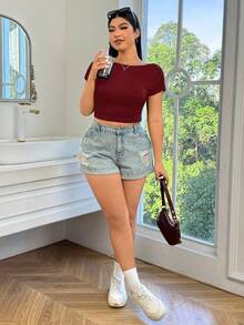 SHEIN EZwear Plus Size Wine Red Backless Tight Fitting Short Sleeve T-Shirt, Summer Fashion - Burgundy - View 4