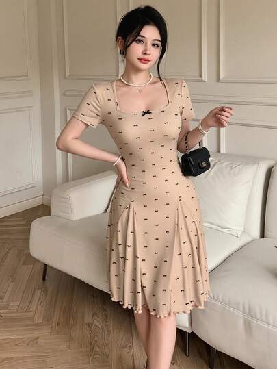 Feyla Vestido elegante de mujer con cuello cuadrado, manga corta y estampado de lazos