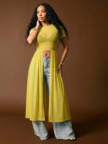 Vixey Sheer Solid Mesh Short Sleeve Split Hem Maxi Top - Yellow - View 3