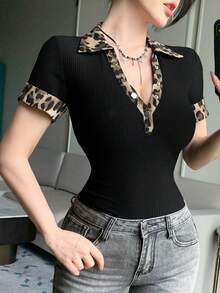 DAZY 女士豹纹拼接领短袖修身休闲T恤 - 黑色 - 查看 7