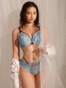 DelicateAllure 女士拼接蝴蝶结装饰文胸内裤套装，休闲日常内衣 - 藍色 - 查看 5