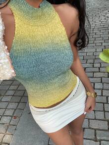 SHEIN PETITE 女款黃色夏季Y2K無袖高領針織上衣，多巴胺漸層修身款，適合度假、假日、海灘、音樂節、外出，適合嬌小女性 - 藍色 - 查看 5