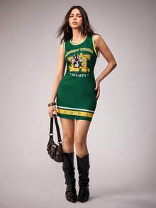 LOONEY TUNES X SHEIN Đầm ngắn không tay nữ mùa hè kiểu dáng thể thao thường ngày, viền tương phản, in chữ và hoạt hình. - màu xanh lá - Xem 5