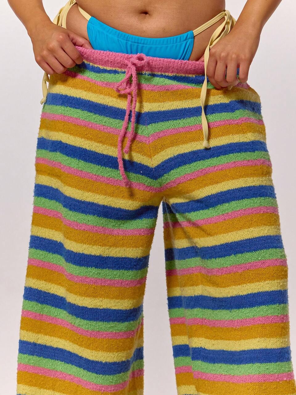 Curve Yellow Multicolour Striped Knit Wide Leg Trousers Pants