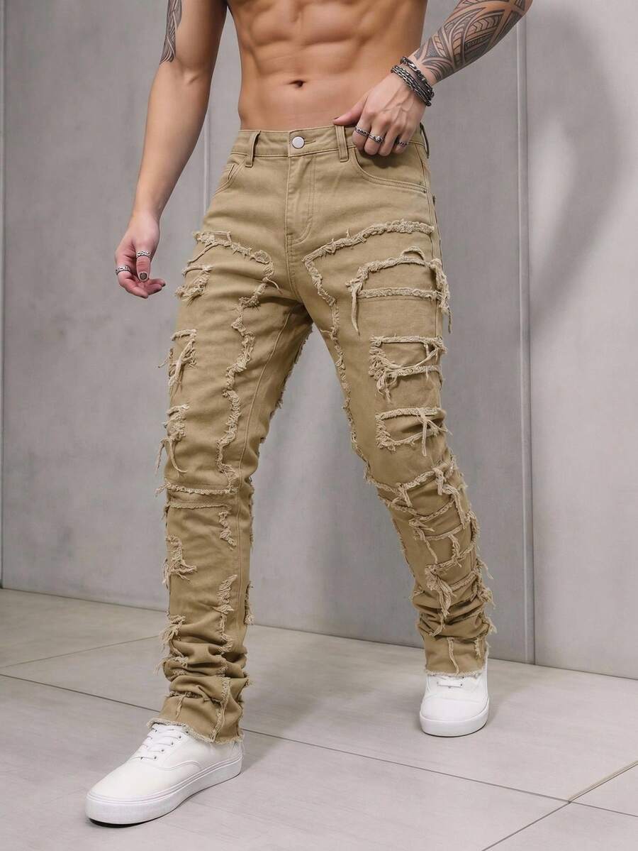 GENTILAND Men's Casual Frayed Edge Slant Pocket Denim Jeans - Khaki - View 1