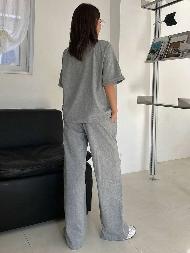 Women's Solid Color Round Neck Short Sleeve T-Shirt And Loose Fit Long Pants 2 Pieces Set Lounge Sets For Women Short Sets For Women