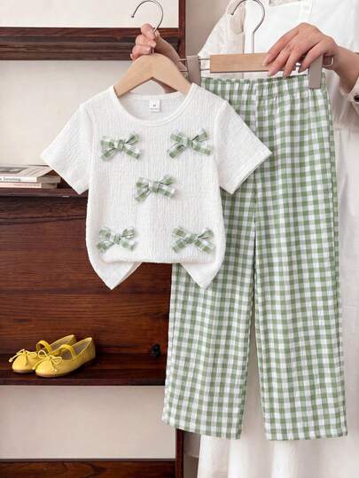 Souflis Souflis 2pcs/Set Girls (Small) Casual Minimalist New T-Shirt Set, Front Cute Dachshund Digital Print Pattern, White Solid Color Round Neck Short Sleeve T-Shirt Top Paired With Pink & White Plaid Loose Pants, Suitable For Young Girls, Korean Style Cute & Minimalist, Suitable For Daily, School, Outing, Holiday, Spring/Summer