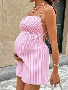 SHEIN Bộ áo liền quần bầu kẻ sọc hở lưng buộc dây - Hồng - Xem 3