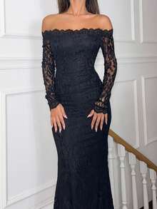 Ronhire New Sexy Lace Off Shoulder Romantic Mermaid Long Sleeve Bodycon Dress Elegant, Wedding Guest - Black - View 3