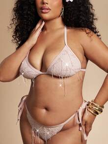 SHEIN BAE Áo bikini lưới đính sequin kiểu dáng nghỉ mát mùa hè với cúp ngực tam giác - Hồng - Xem 6