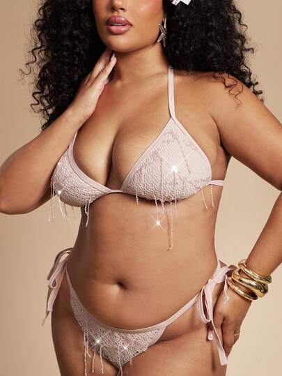 SHEIN BAE Summer Beach Vacation Style Sequined Fishnet Bikini Top With Triangle Cup