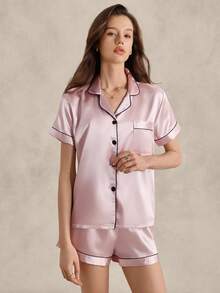 EverLounge Contrast Piping Satin PJ Set / Pajama Set - Dusty Pink - View 5