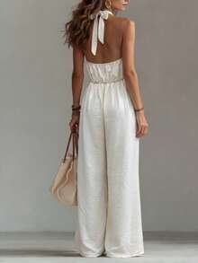 Hotletica Bộ jumpsuit nữ cổ chữ V, hở lưng, dáng rộng, thoải mái. - Màu be - Xem 2