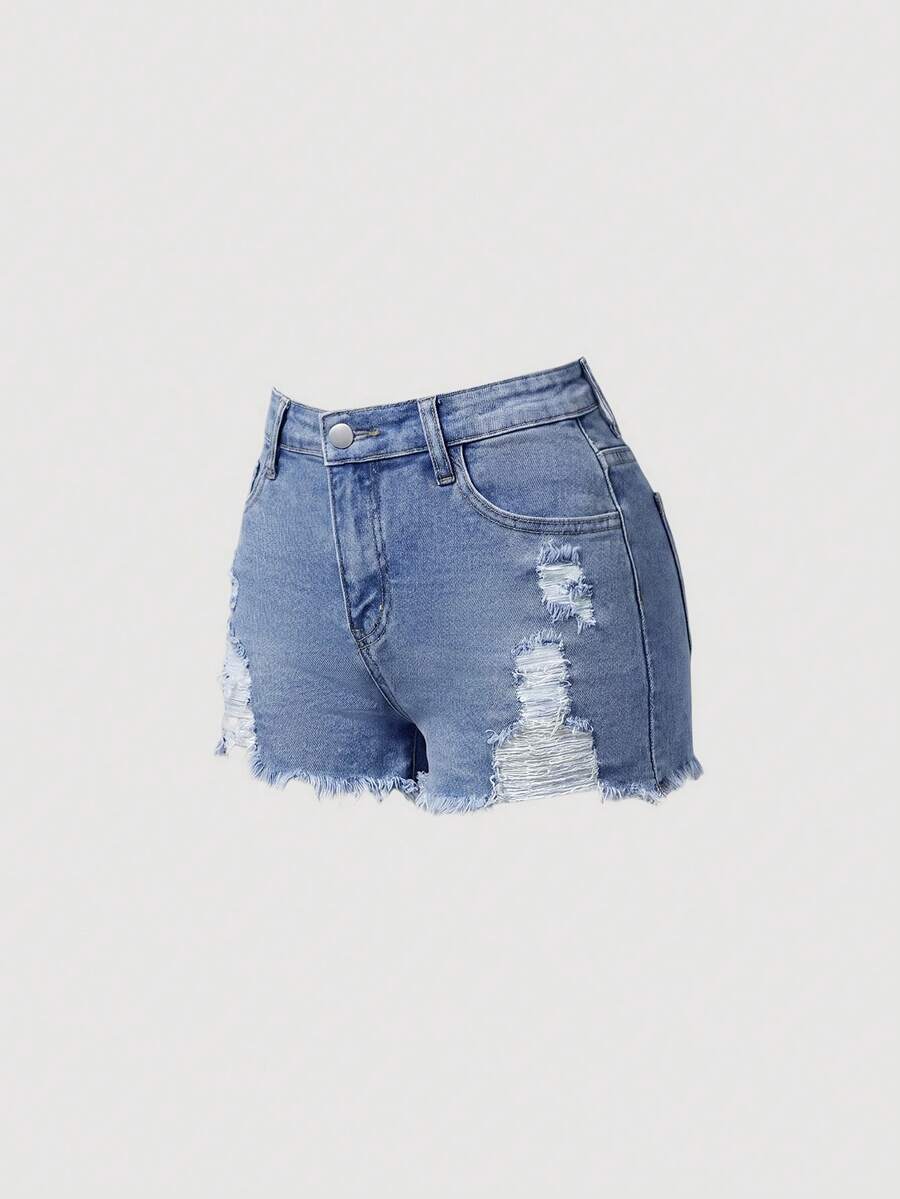 Girlism Teen Girl Distressed Pocket Frayed Hem Casual Denim Shorts - Light Wash - View 1