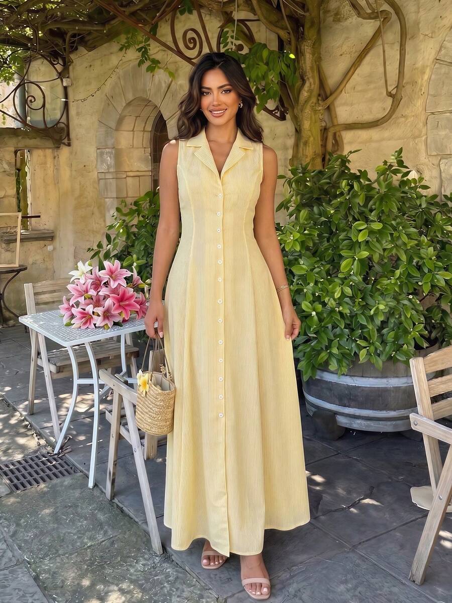 SHEIN Unity Blue & White Striped Collared Button-Front Sleeveless A-Line Dress, Elegant For Commute, Daily Wear, Dates In Summer - Yellow - View 1