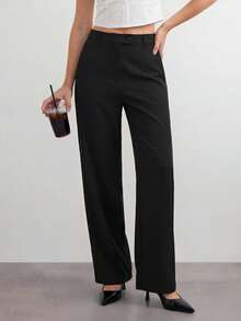 SHEIN ICON 女款休閒極簡黑色拉鍊開襟寬鬆直筒長褲，適合日常穿著、冬季女裝、老錢風、高腰、復古工裝風、商務休閒女裝、辦公室商務女裝長褲、小個子女裝商務休閒 - 黑色 - 查看 9