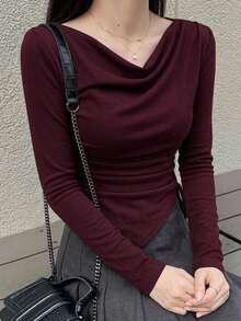 DAZY Women's Solid Color Draped Neck Drawstring Side Long Sleeve Casual T-Shirt For Spring And Autumn - Burgundy - View 6