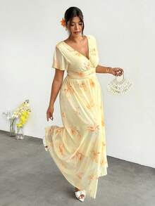 Firerie Plus Size V-Neck Floral Print Casual Vacation Short Sleeve Dress - Apricot - View 6