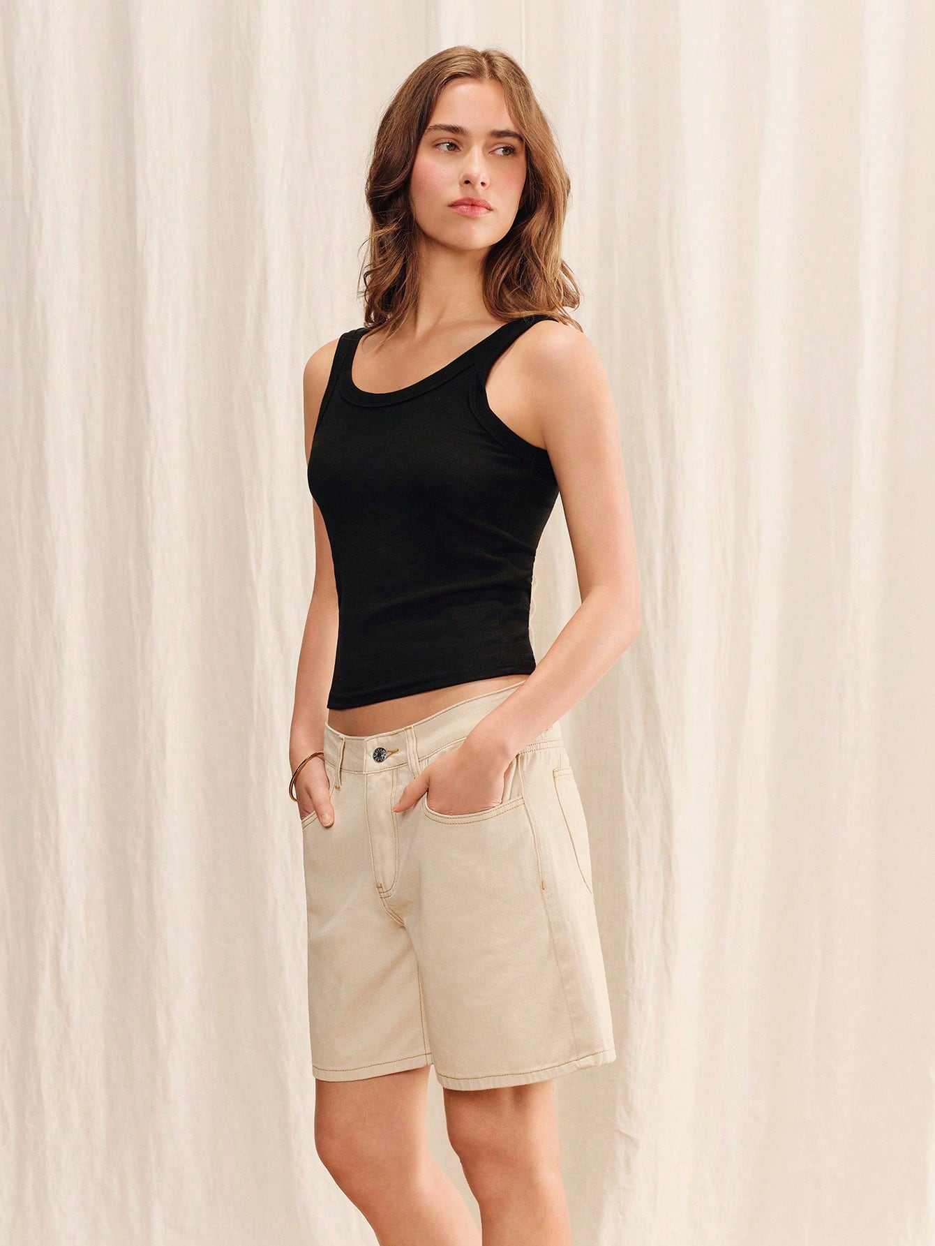 High Waisted Ecru Bermuda Shorts With Wide Legs French Chic Spring Summer Style Cotton Shorts Daily Casual Outfit Going Out Outfit