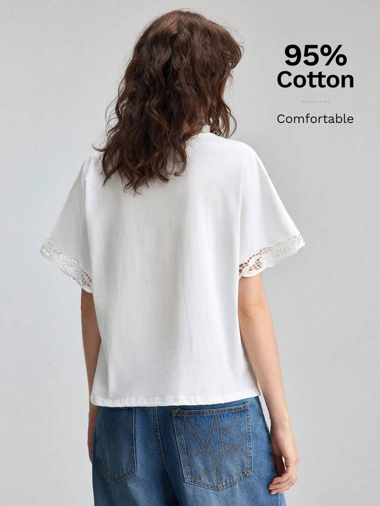 Women's Solid Color Lace Patchwork Round Neck Short Sleeve Top, Summer All-Season Versatile Modern Urban Fashion Business Casual Women's Wear Office Attire Understated Old-Money Style, Elegant And Sophisticated, High-Quality Commuter And Airport Clothes Bohemian Style Vacation Outfits Seaside Women's Clothing, Country Music Concert Style, Western Style Clothing, Nomadic Casual Fashion Boho