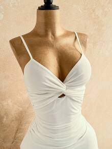 Soleia Plus Size Women's Solid Color Asymmetric Hem Twist Camisole Midi Dress - White - View 6