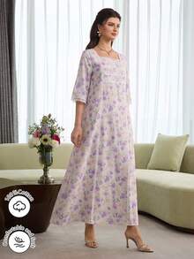 Al Najma 浪漫方领蕾丝边中袖睡袍，春夏款 - 淡紫色 - 查看 10
