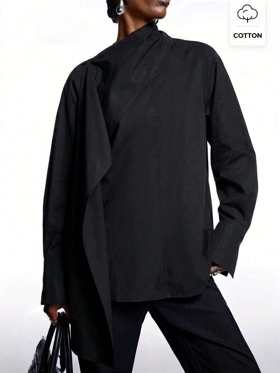 LYSMO 2026 New Minimalist Spring/Summer Women's Street Style Solid Color Long Sleeve Shirt, Black,Summer Top - Black - View 1
