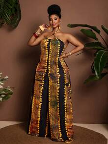 Maweii Mono sin mangas con cuello halter y estampado, adecuado para vacaciones y citas, talla grande - Dorado - Ver 4