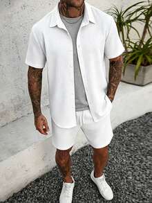 Manfinity Homme Conjunto de 2 piezas de camisa de manga corta y pantalones cortos de unicolor con textura para hombre - Blanco - Ver 1