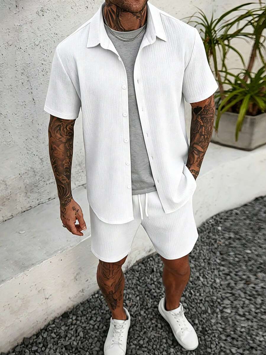 Manfinity Homme Conjunto de 2 piezas de camisa de manga corta y pantalones cortos de unicolor con textura para hombre - Blanco - Ver 1