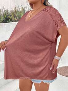 SHEIN CURVE+ Plus Contrast Lace Dolman Sleeve Tee Boho Vacation - Redwood - View 3