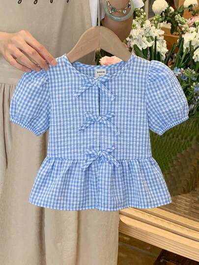 SHEIN Young Girl Casual Woven Plaid Round Neck Short Sleeve Pullover Top